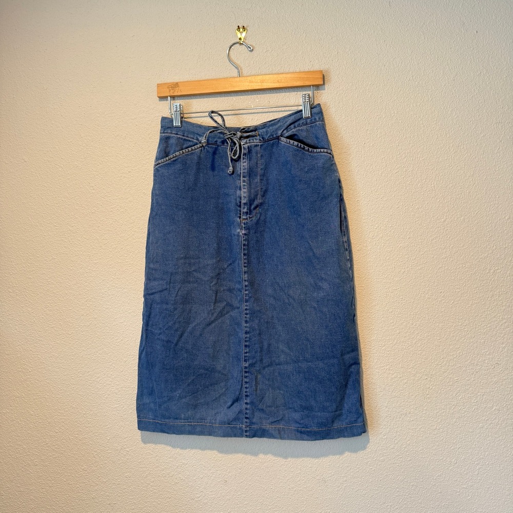 Cherokee Vintage Blue Denim Midi Skirt Drawstring Waist Women Size 8 Medium Wash